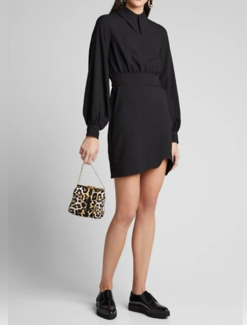 GANNI Black Crepe Point Collar Balloon Sleeve Mini Dress 34 US XS Minimalist